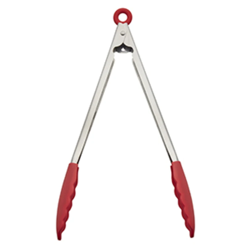 Silicone And Stainless Steel Head Tongs, 18 Inches, Red And Silver