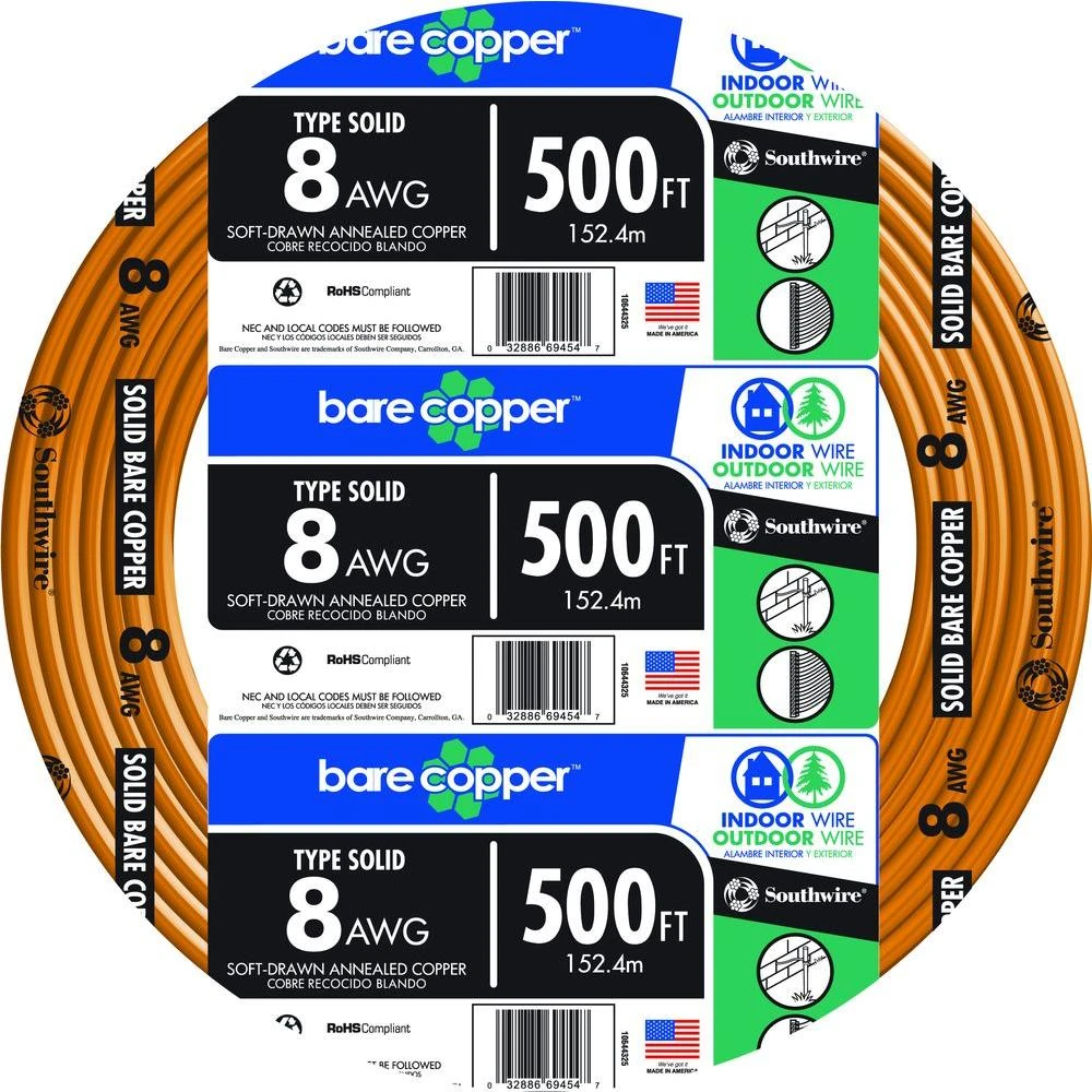 Solid Bare Copper Grounding Wire, 8 Gauge, 500 Feet Length