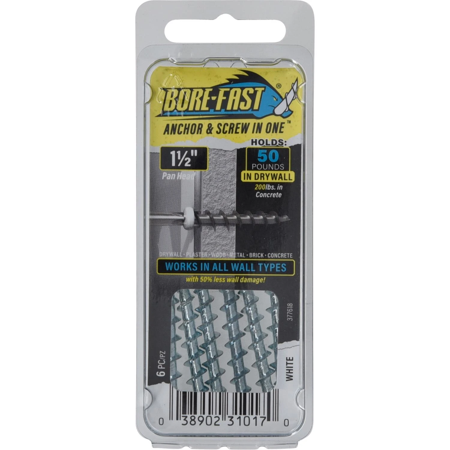 Borefast 1-Pc. Wall Anchor & Screw, White Coated Head, 1-1/2 In., Holds 50 Lbs., 6-Pk.