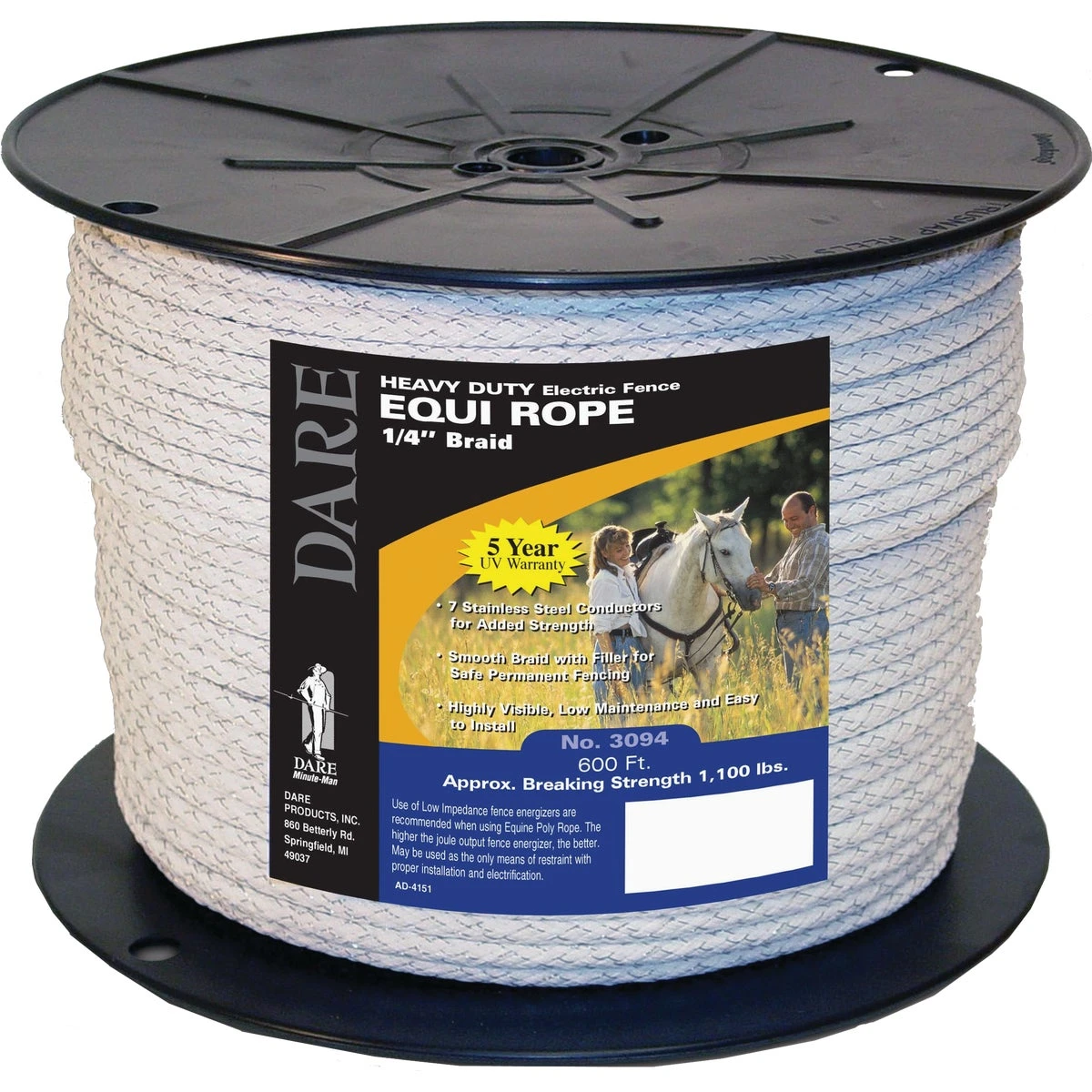 Electric Fence Rope Braided White Dacron and Stainless Steel 6 Millimeter by 600 Feet