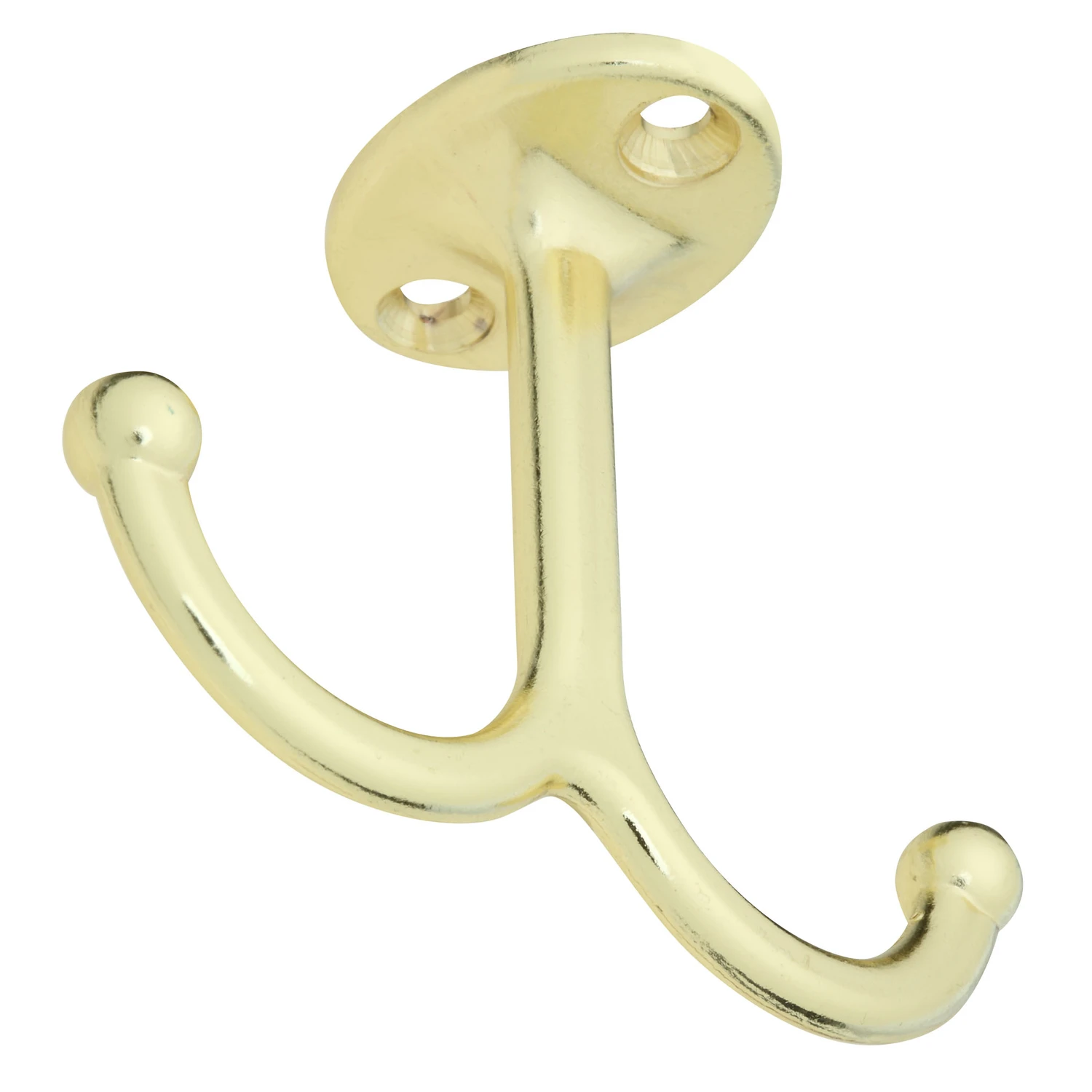 Wall Hook for Clothes, Under-Shelf, Double Prong, Bright Brass, 2-Pk.
