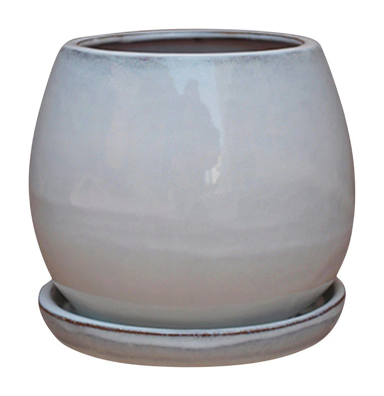 6 Inch Artisan Planter, Ceramic, Cream White With Attached Saucer