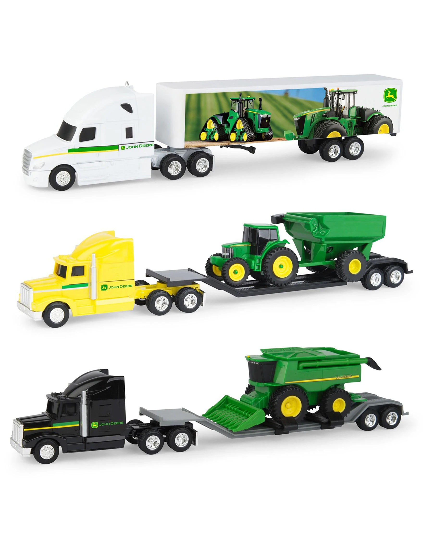 John Deere 1:64 Scale Semi Truck With Trailer And Tractor Toy - 3 Pieces
