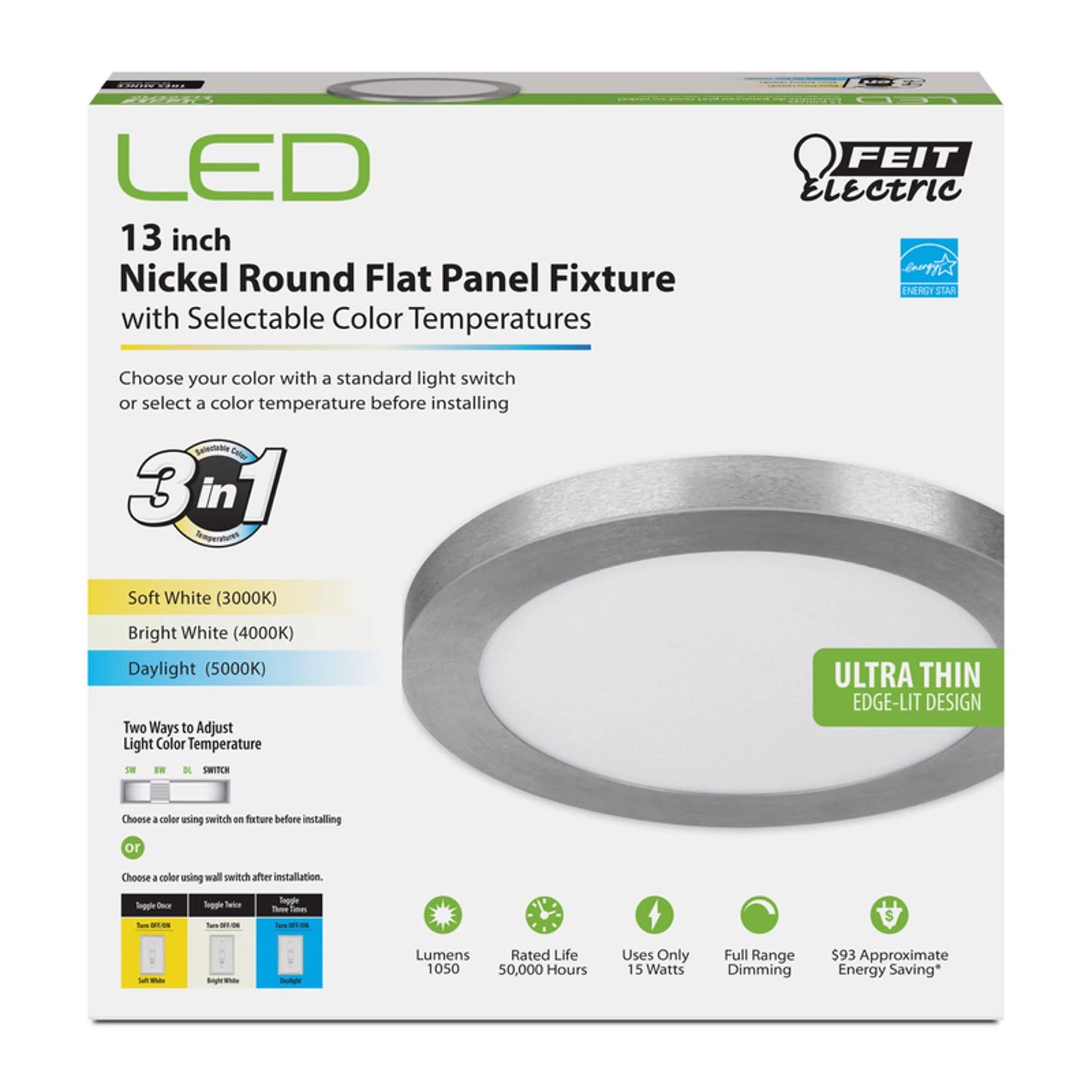 LED Edge-Lit Flat Panel Recessed Ceiling Light Kit, Selectable Color Temperature, Nickel Finish, 12.5 Watt, 13 Inch Round