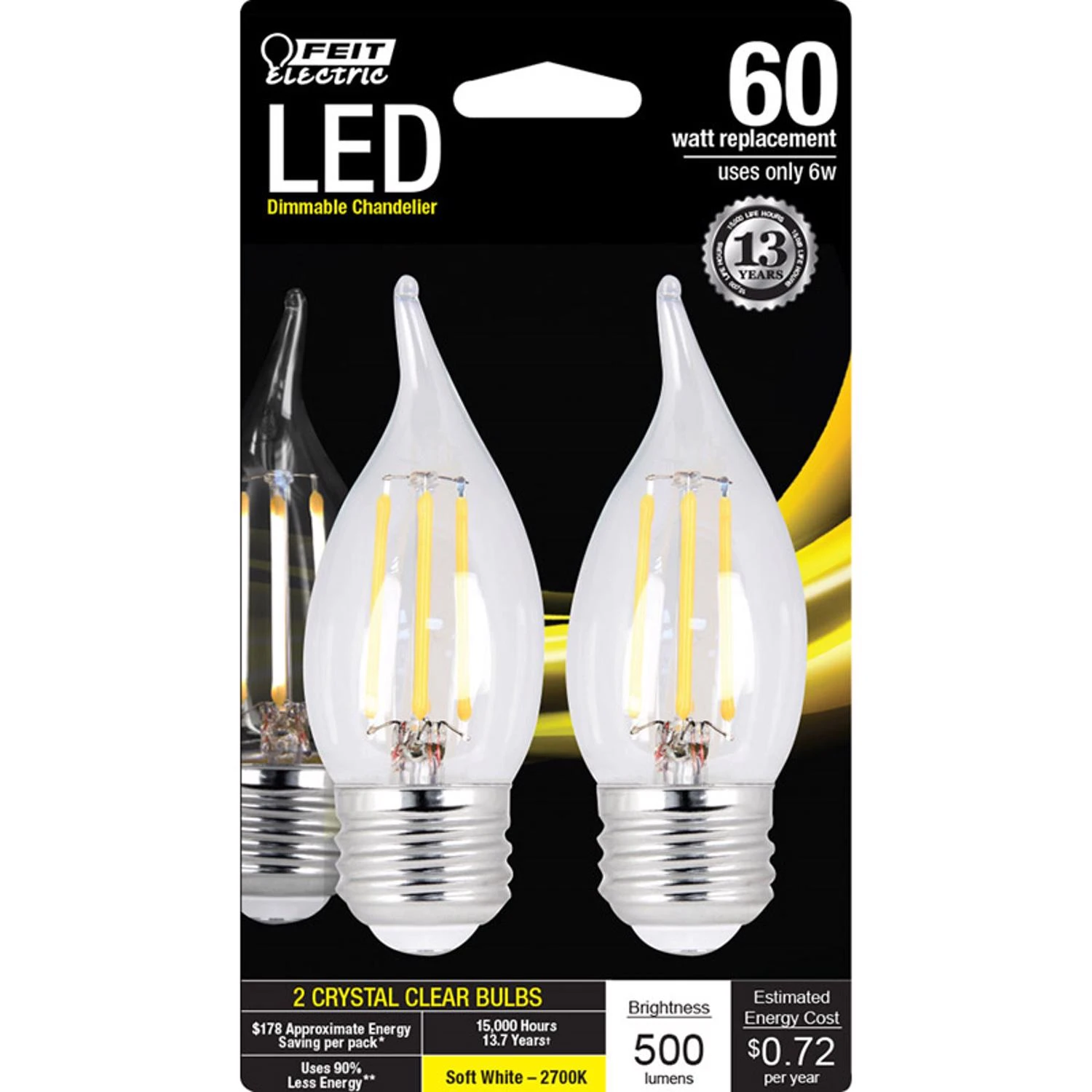 LED Chandelier Light Bulbs, Flame Tip, Soft White, 500 Lumens, 5.5-Watts, 2-Pk.