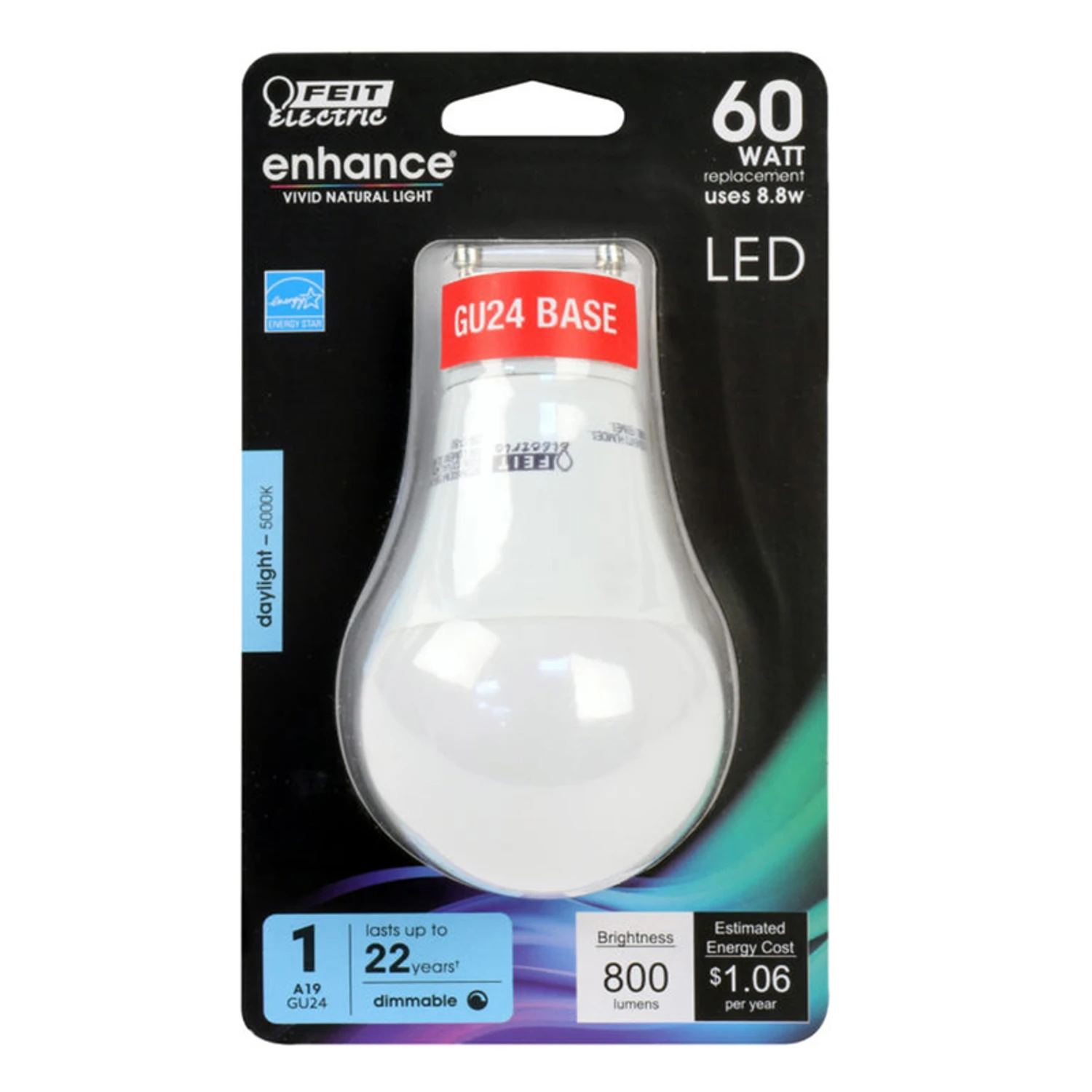 Feit Electric BPOM60DM/950CA/GU24 LED Bulb, General Purpose, 800 Lumens, 8.8 W, A19 Lamp, 60 W Equivalent, Dimmable