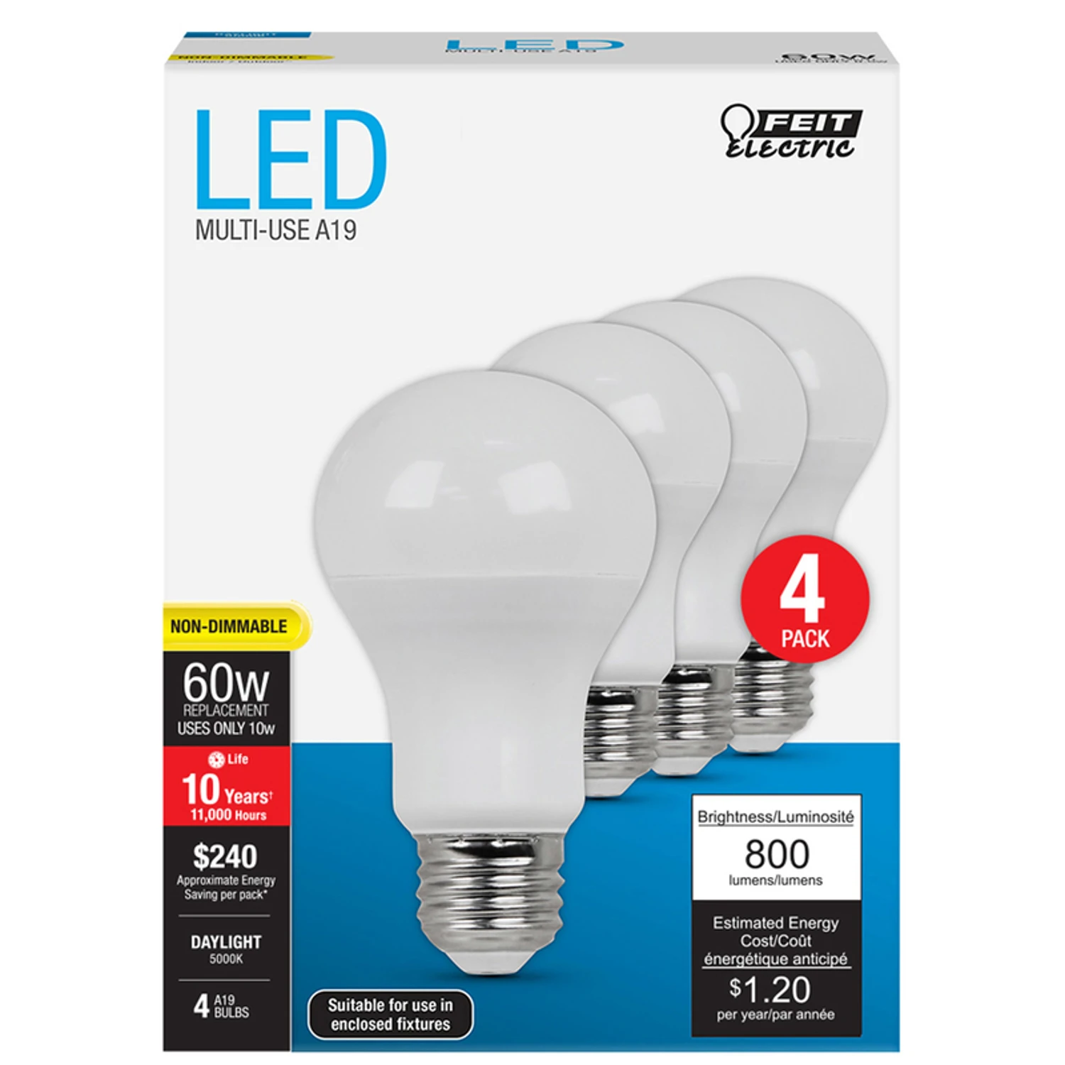 LED Light Bulb, Daylight, 800 Lumens, 8.5-Watts, 4-Pk.