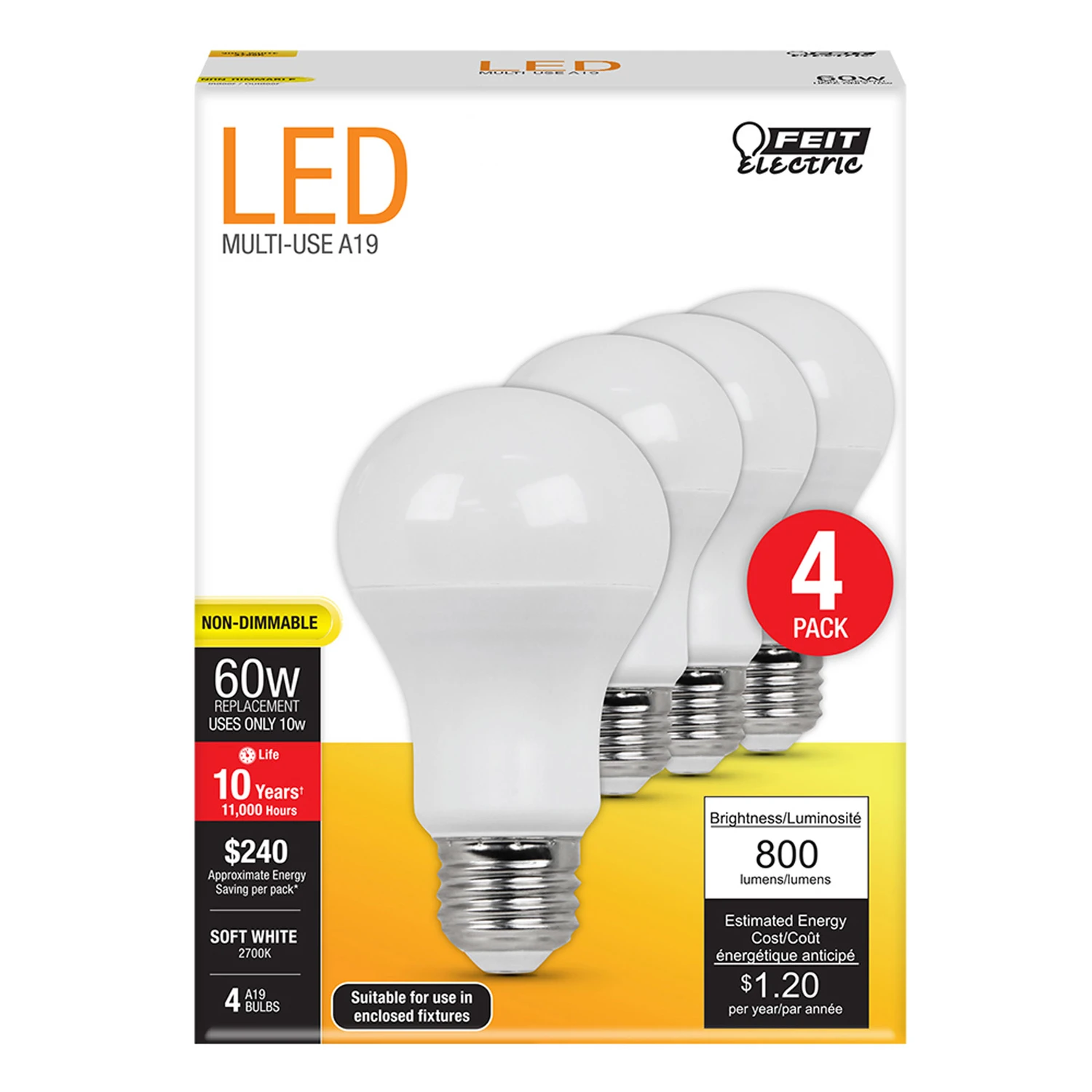 LED Bulbs, Soft White, 10-Watts, 4-Pk.