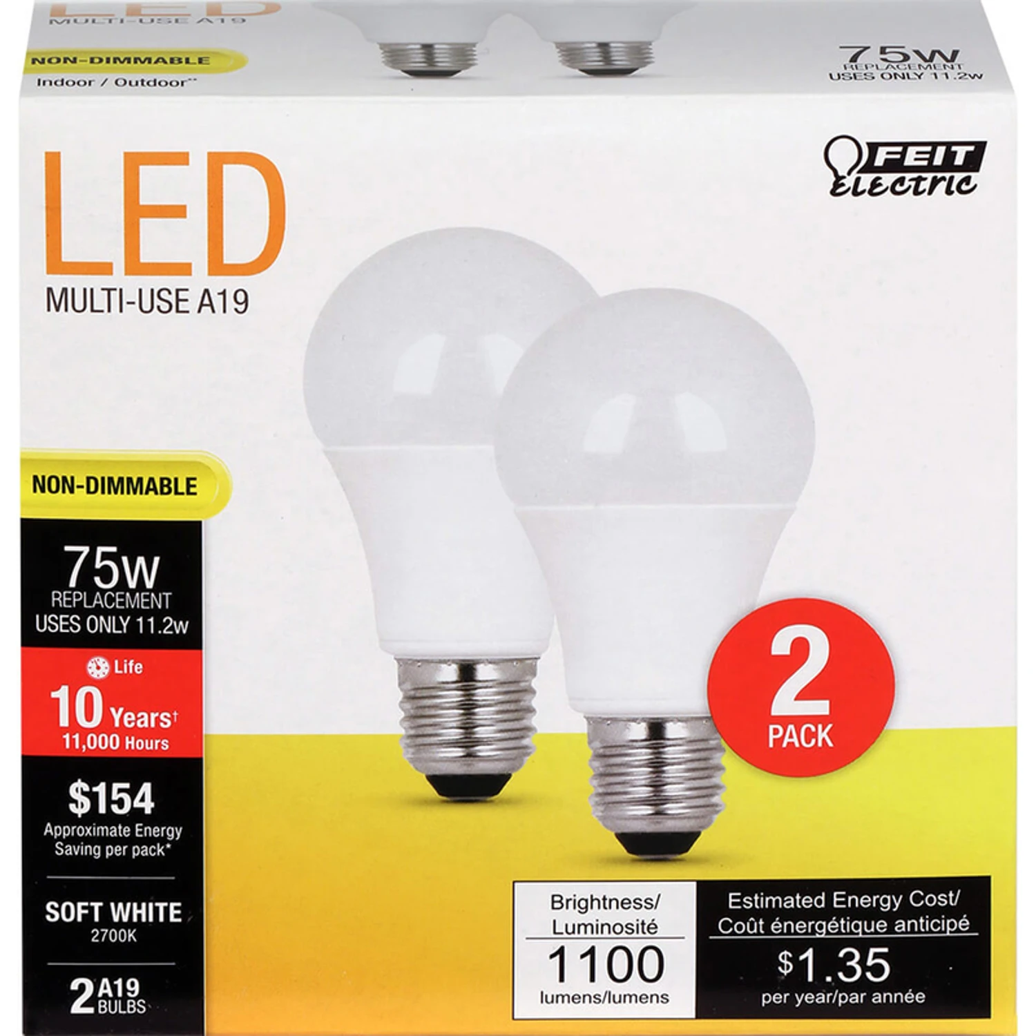 LED Light Bulb, 1100 Lumens, 11.2-Watts, 2-Pk.