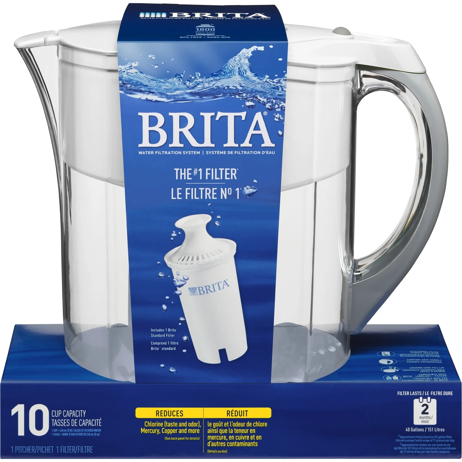 Grand 10-cup White Water Filtration Pitcher With Filter Change Indicator