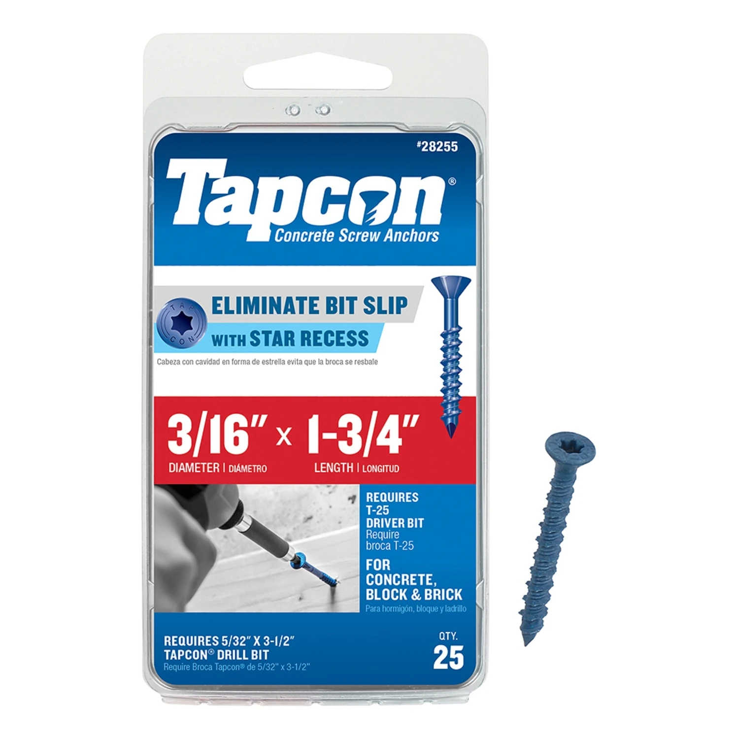 Concrete Anchors, Star Drive, 3/16 x 1-3/4 In., 25-Pk.