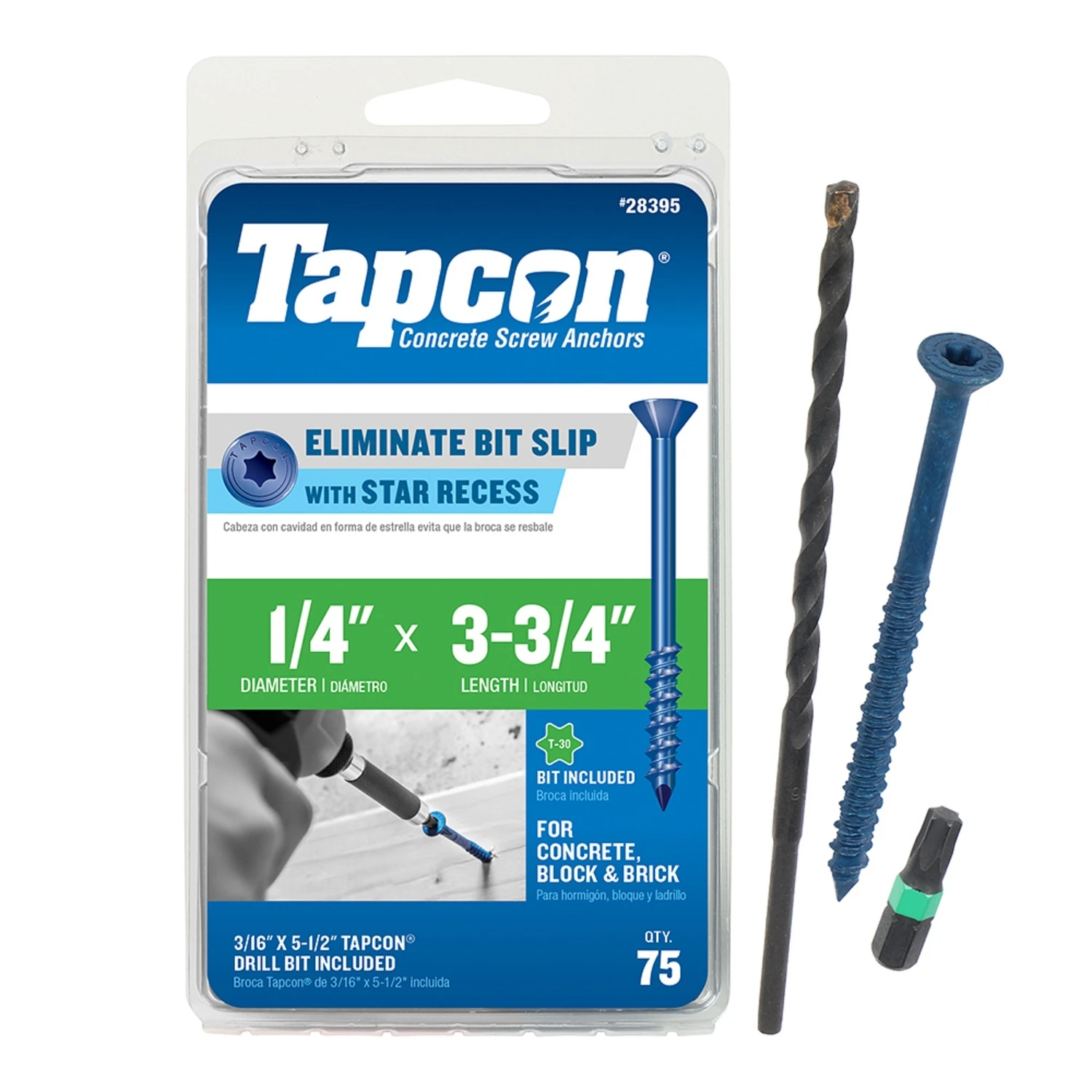 Concrete Anchors, Star Drive, 1/4 x 3-3/4 In., 75-Pk.