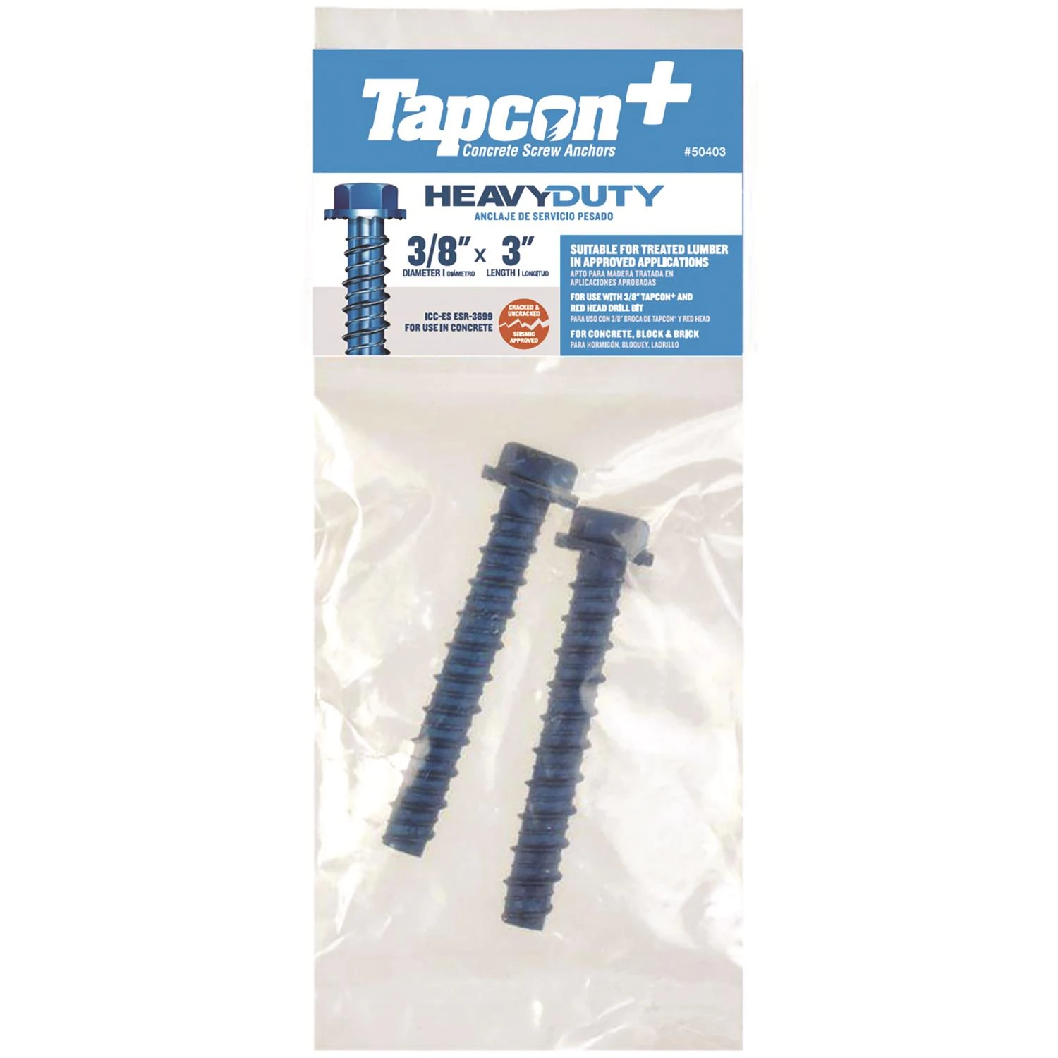 Concrete Screw Anchors, Hex Washer Head, 3/8 x 3 In., 2-Pk.