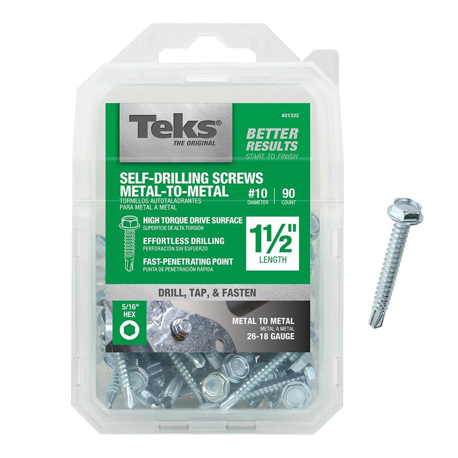 Drill Point Screws, Self-Tapping, Hex Washer Head, #10 x 1-1/2 In., 90-Pk.