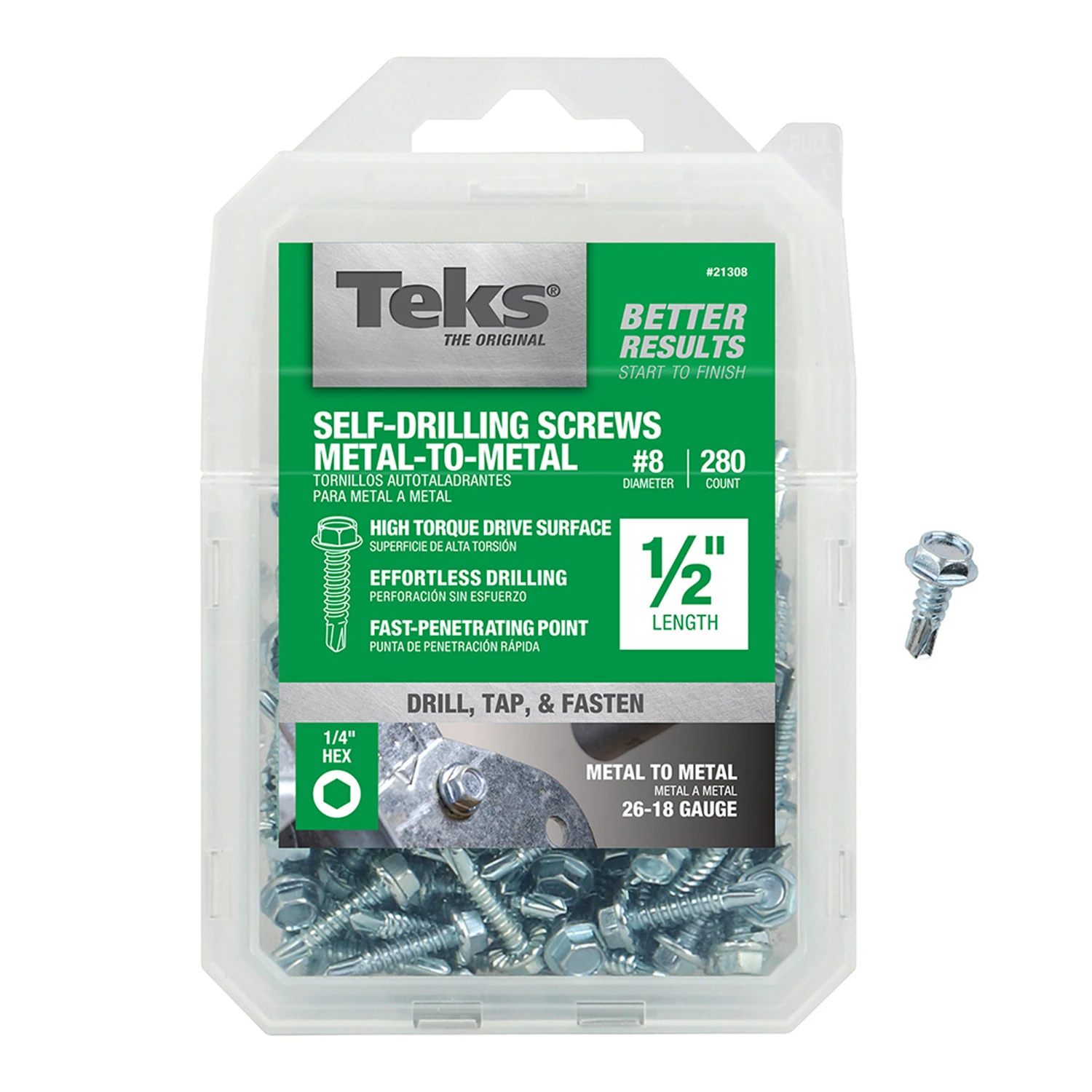 Drill Point Screws, Self-Tapping, Hex Washer Head, #8 x 1/2 In., 280-Pk.