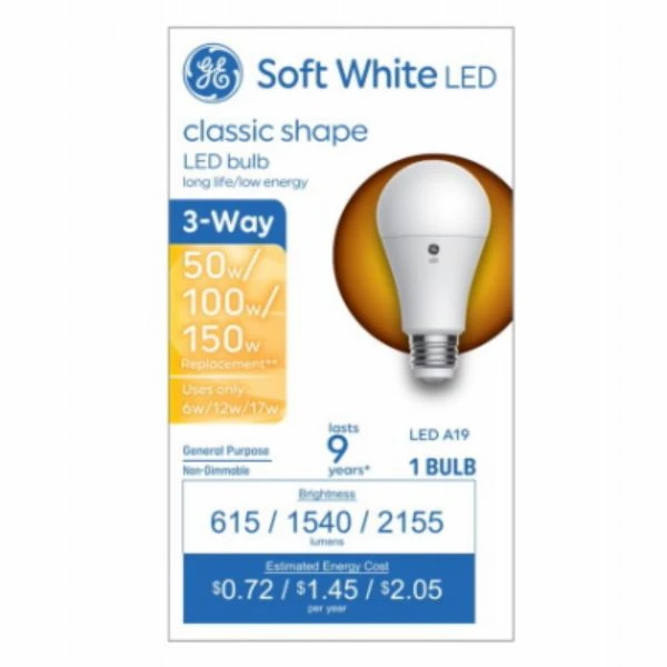 LED Three-Way Light Bulb A19 Medium Base Soft White 6 Watt 12 Watt 17 Watt