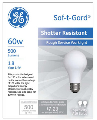 Saf-T-Gard Rough Service Light Bulb, Shatter Resistant, 60 Watt