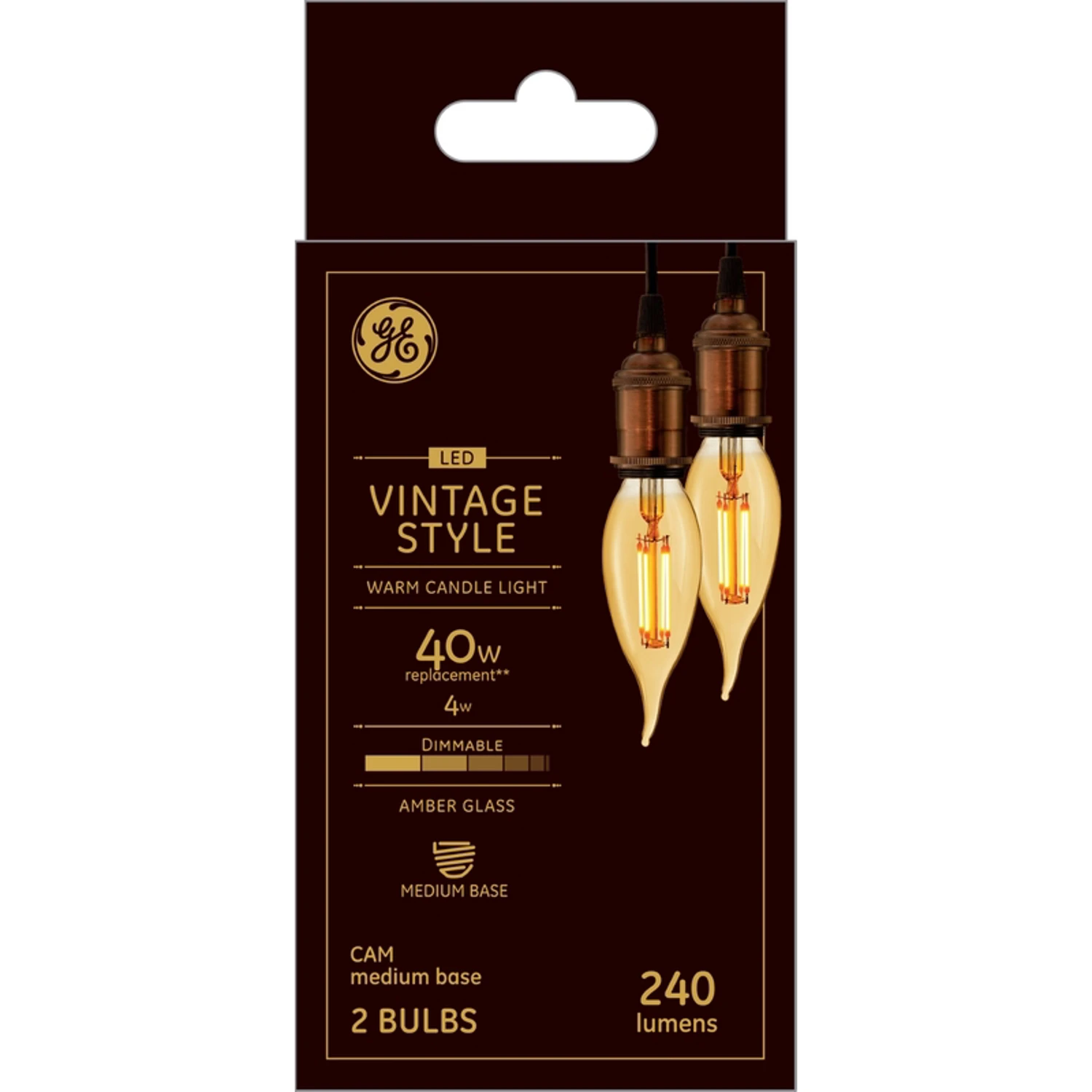 LED Vintage Candle Shaped Light Bulb, Amber Warm White, Medium Base, 4 Watt, 240 Lumens, 2-Pk.