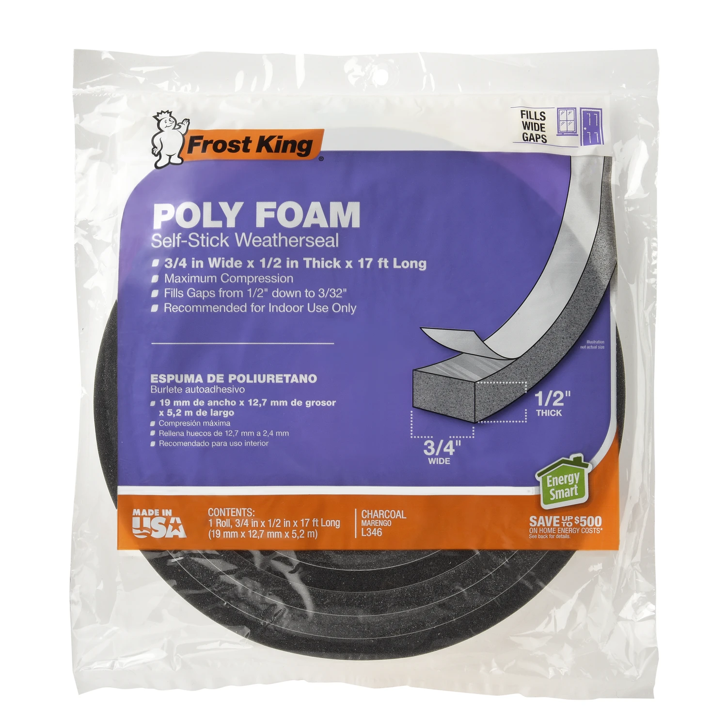 Charcoal Poly Foam Weather Seal Tape 17 Ft. L X 0.5 In. For Doors & Windows