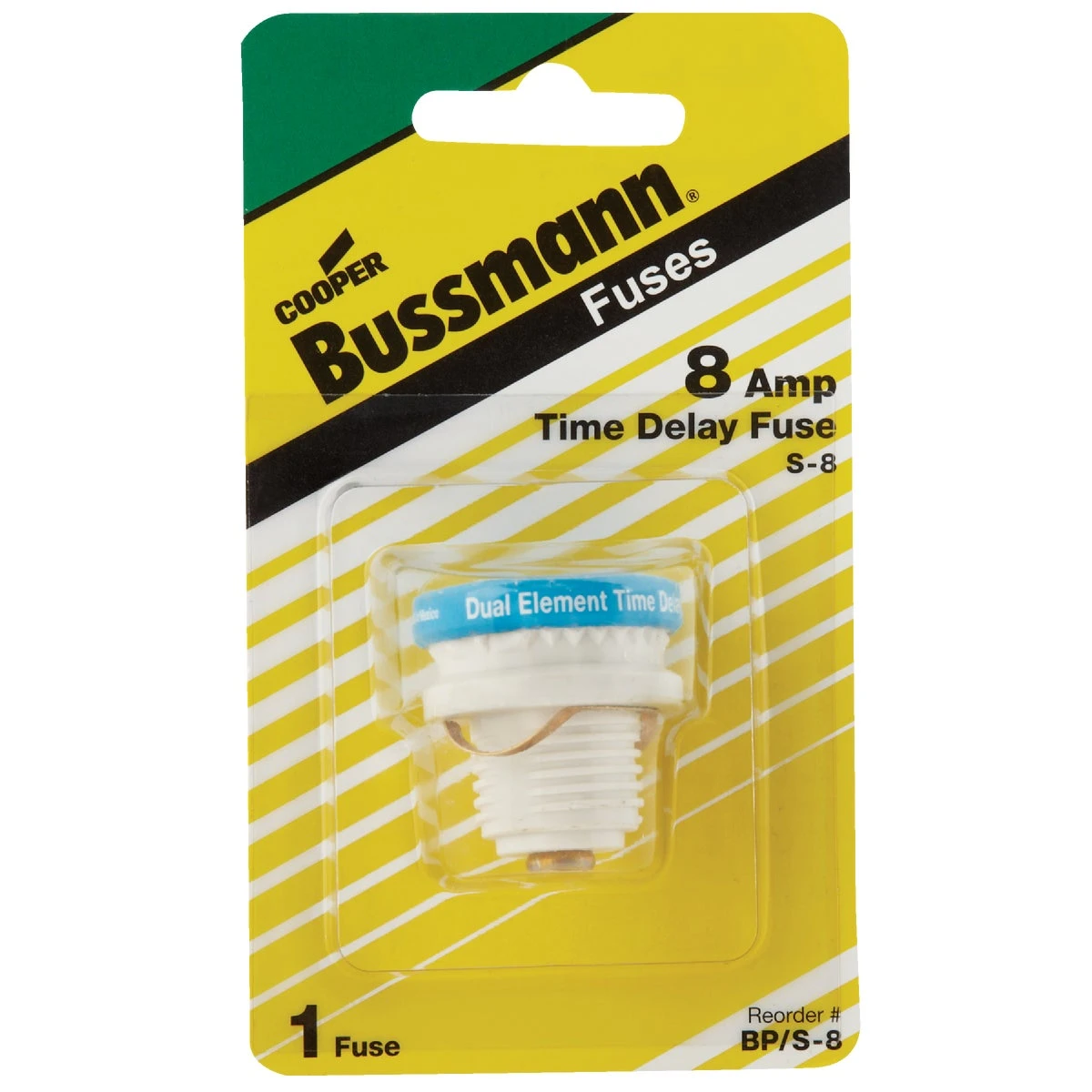 Bussmann BP/S-8 Plug Fuse, 8 A, 125 V, 10 kA Interrupt, Low Voltage, Time Delay Fuse