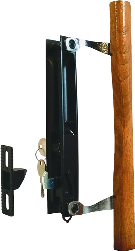 Flush Mount Hook Sliding Patio Door Handle Set With Keyed Lock And Wood Pull