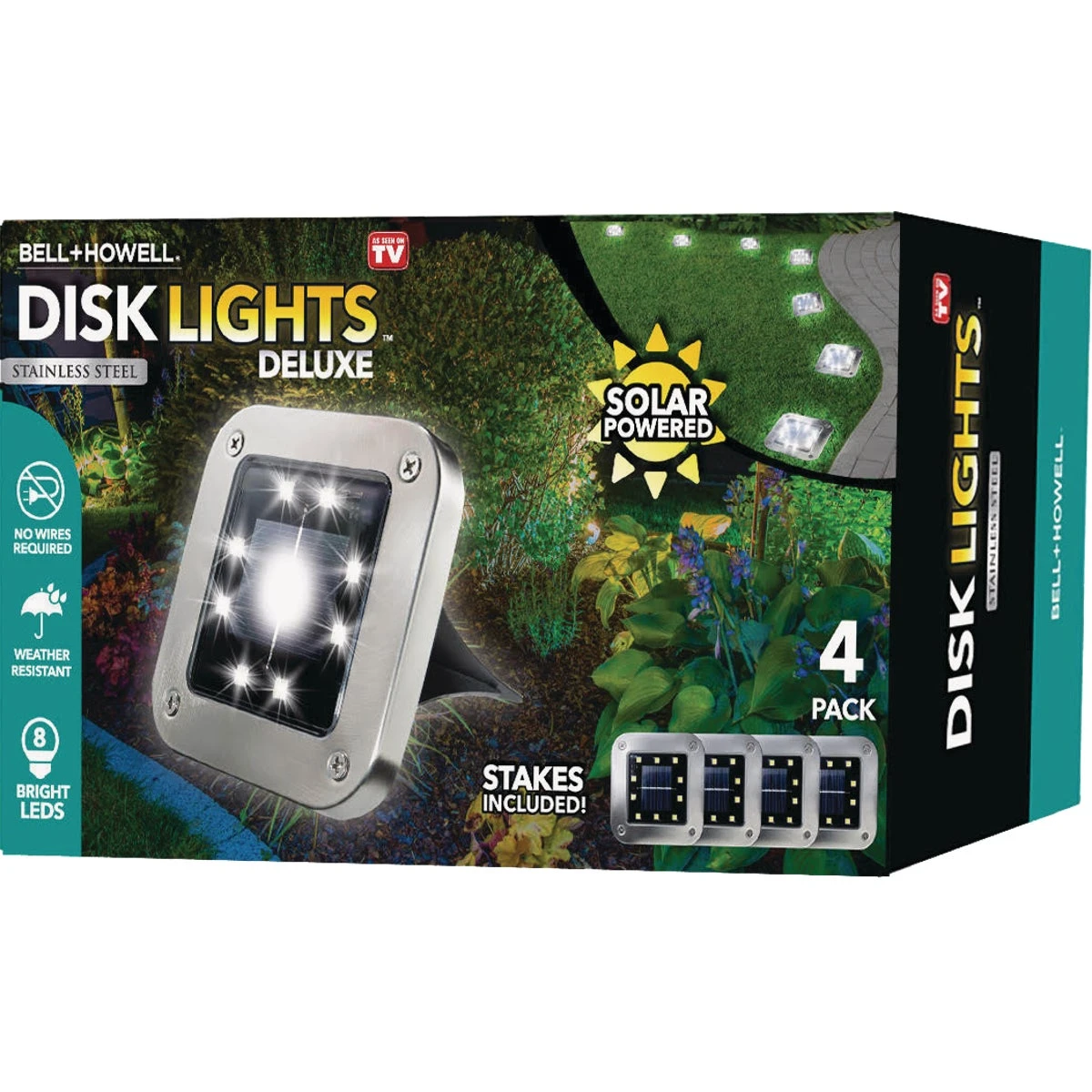 Bell + Howell Solar-Powered Disk Lights - Outdoor Path Lights with 8 LED Bulbs, Stainless Steel Square Design - 4PK