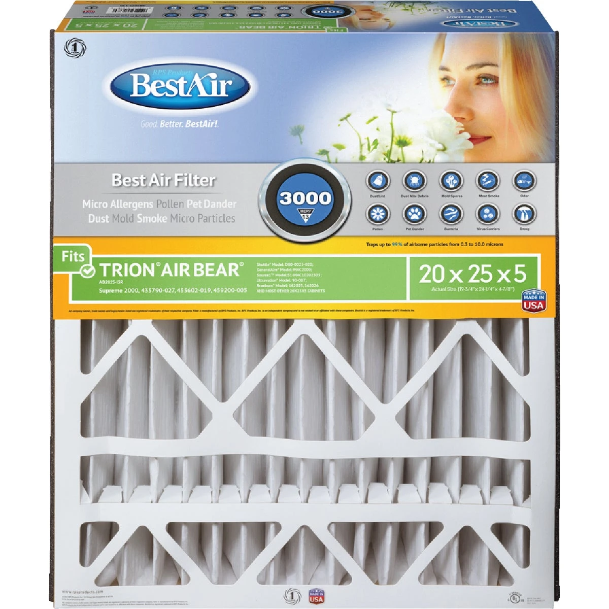 20x25x5 In. Air Bear Pleated Air Filter, MERV 13, Electrostatically Charged, 1 Year