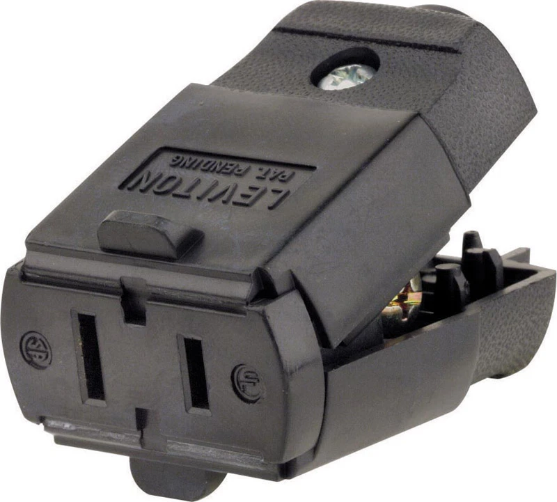 15a 125v 2-wire 2-pole Hinged Cord Connector, Black, Model 017-00102-0ep