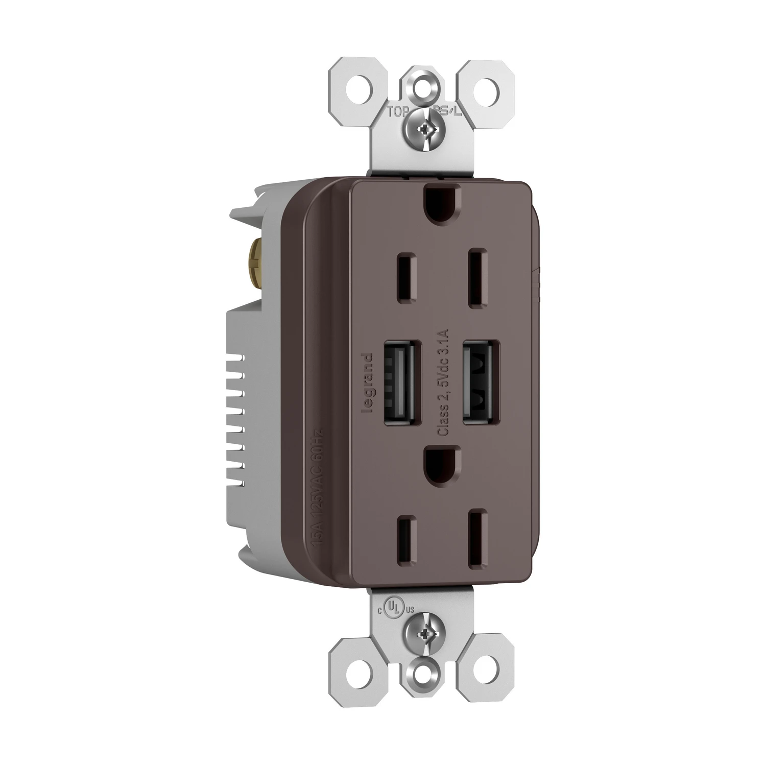 Pass & Seymour USB Charger With Duplex Receptacle, 2-Port, Dark Bronze 15-Amp