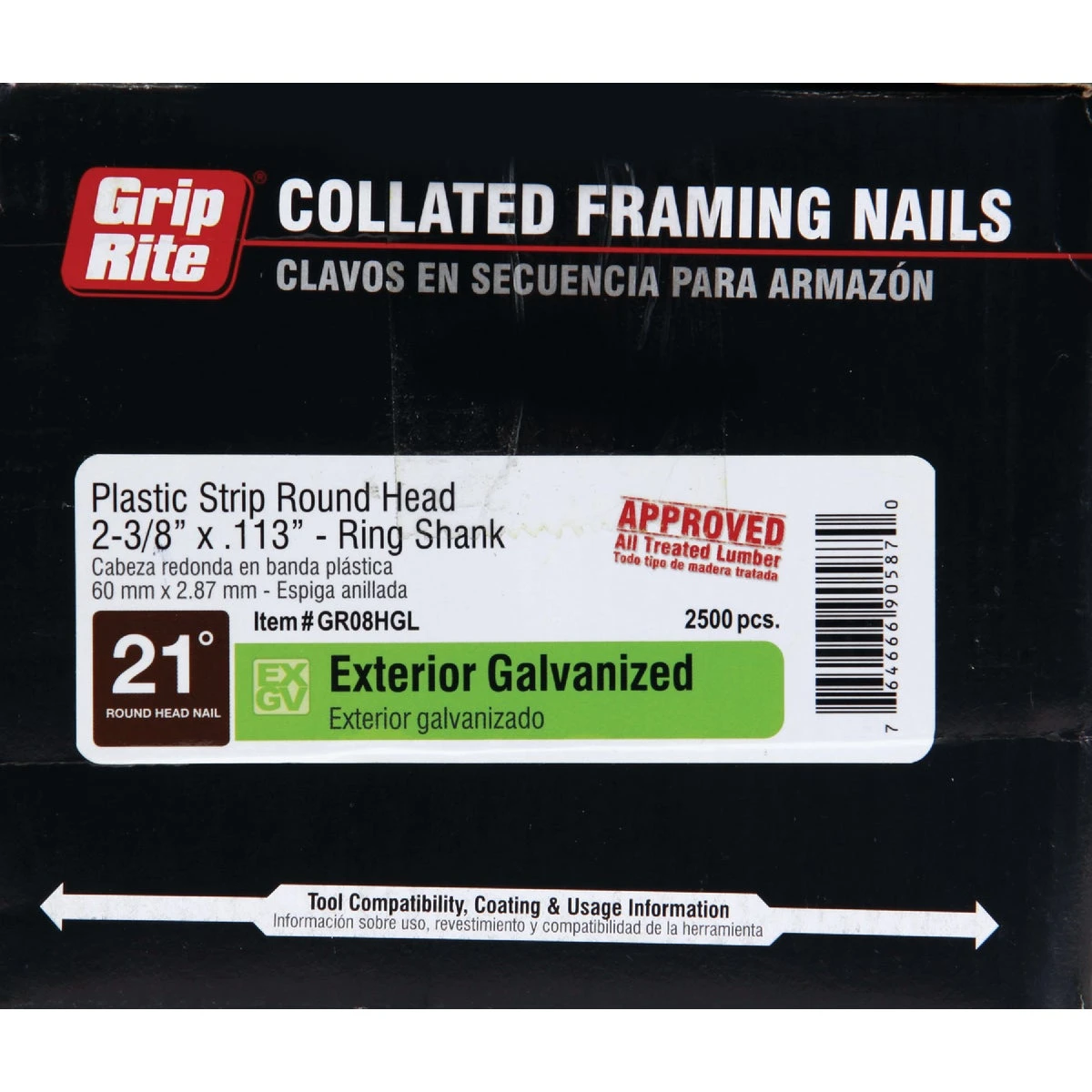 Collated Common Nails, Steel, Round Head, Plastic Strip, 21 Degree, 2-3/8 x .113 In., 2500-Pk.