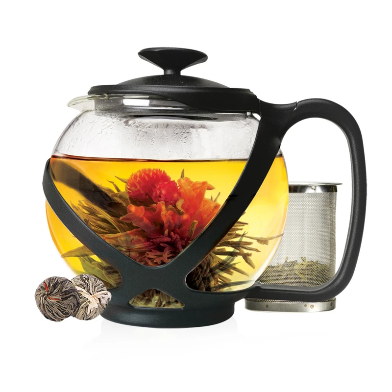 Tempo Round Black Glass Teapot 40 Oz With Stainless Steel Infuser