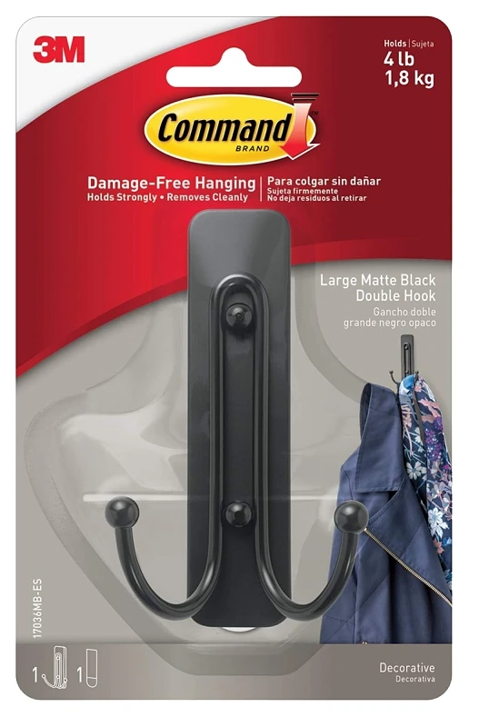 3M Command 2 in. L Matte Black Metal Large Double Hook 4 lb. cap. 1 pk