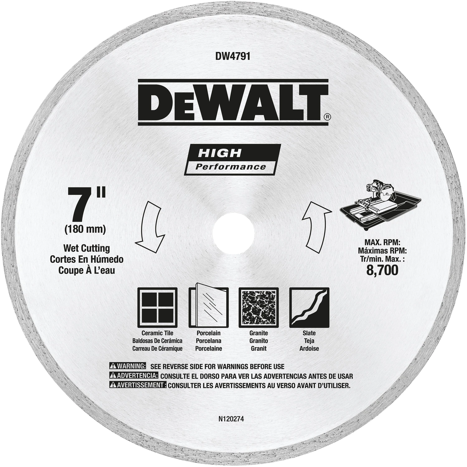 High Performance 7 In. Continuous Rim Diamond Blade For Wet And Dry Cutting