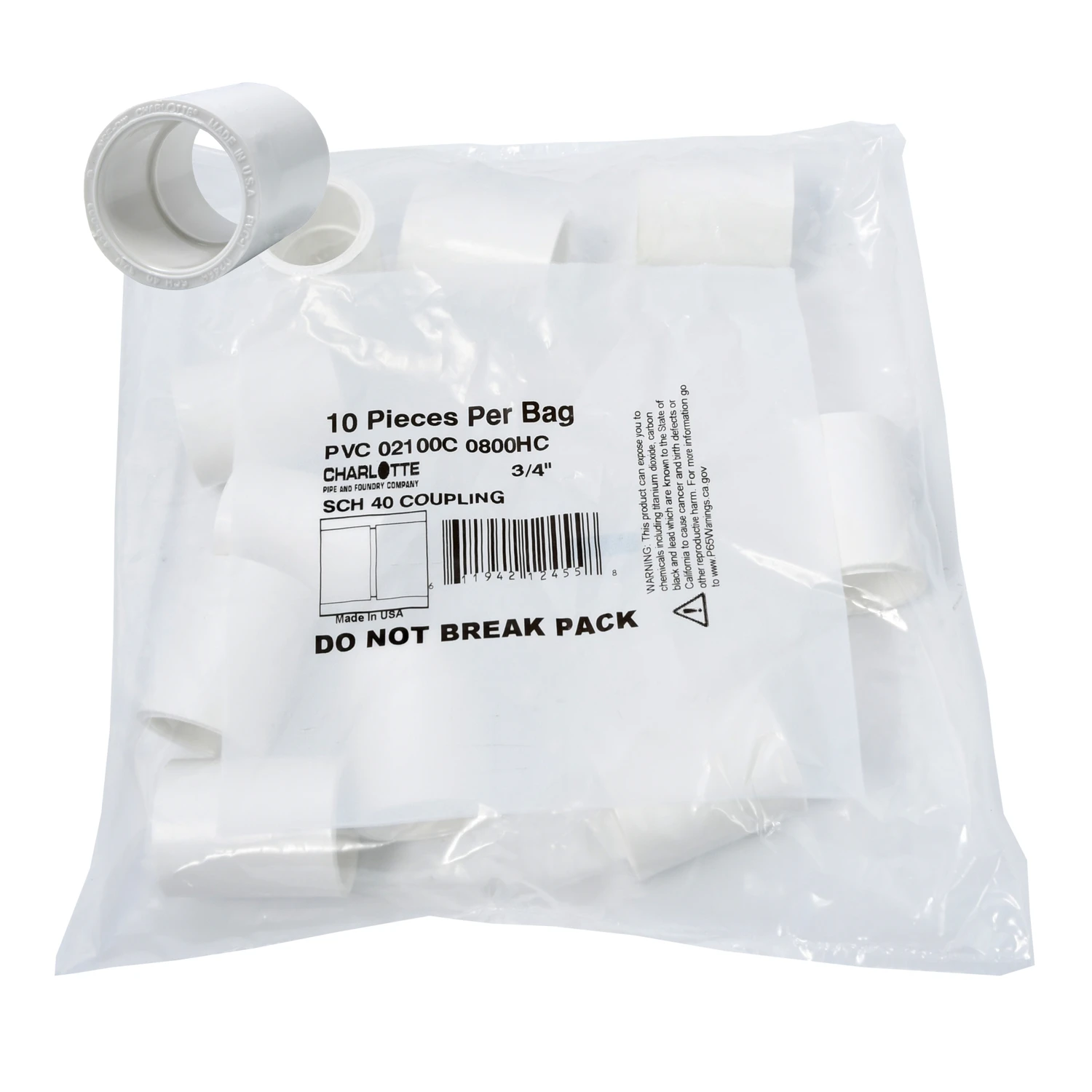 Schedule 40 Pressure Coupling, 3/4 In., 10-Pack