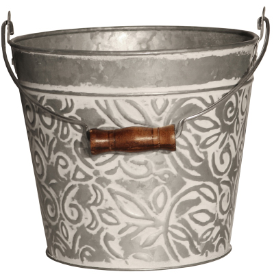 Whitewash Floral Metal Planter with Handle, 12 Inch