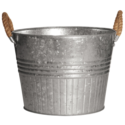 Planter With Rope Handles, Round, Galvanized Metal, 12 In.