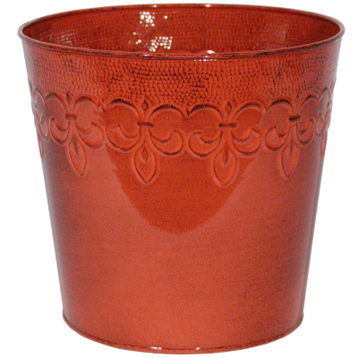Fleur De Lis 8 Inch Metal Cayenne Red Planter With Drainage Holes