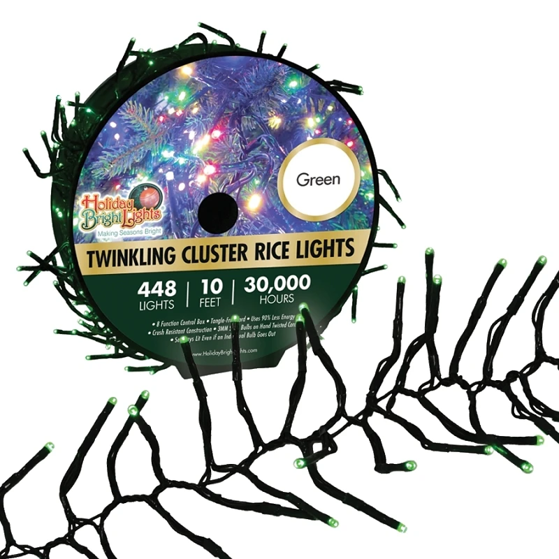Led Twinkling Cluster Rice Light Set, Green, 448 Lights, 10 Feet Length