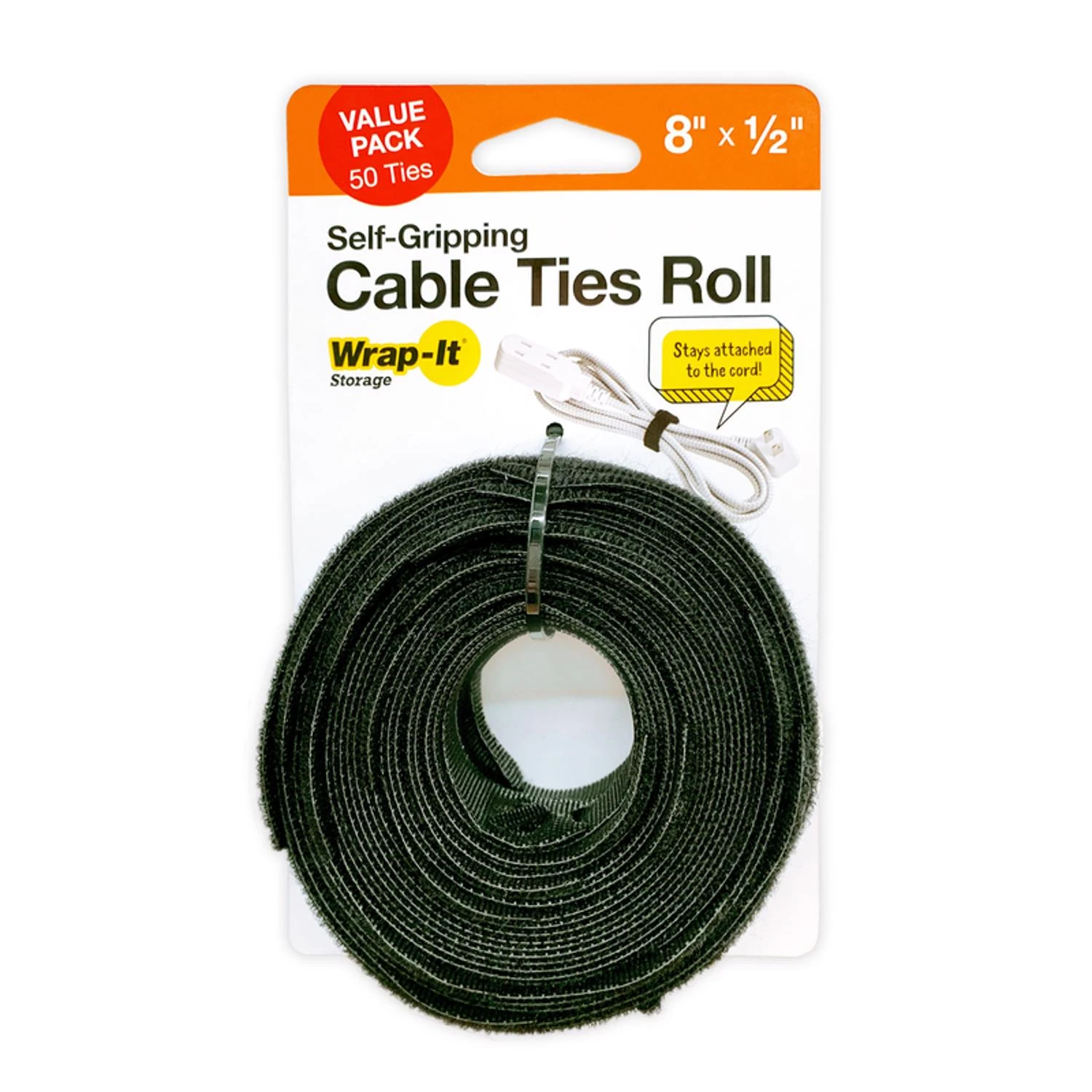 Self-Gripping Cable Ties, Reusable, Multi Color, 1/2 x 8 In., 50-Pk.