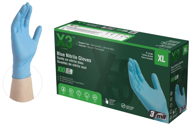 X3 Nitrile Disposable Gloves X-Large Blue Powder Free 100 pk