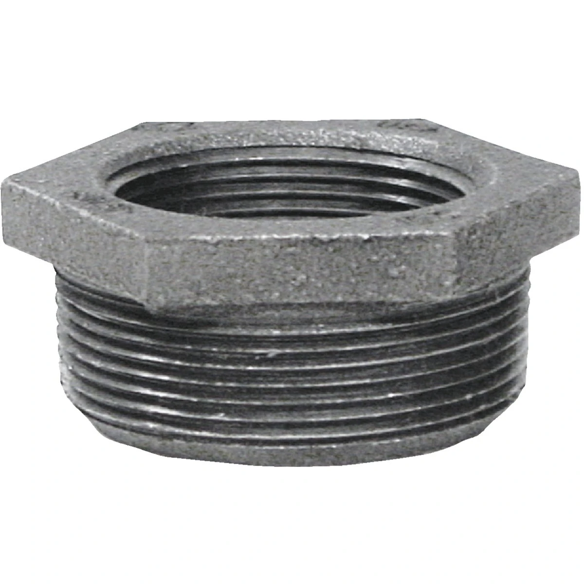 Black Pipe Hexagonal Reducing Bushing, 1 and 1 Quarter Inch by 1 Half Inch