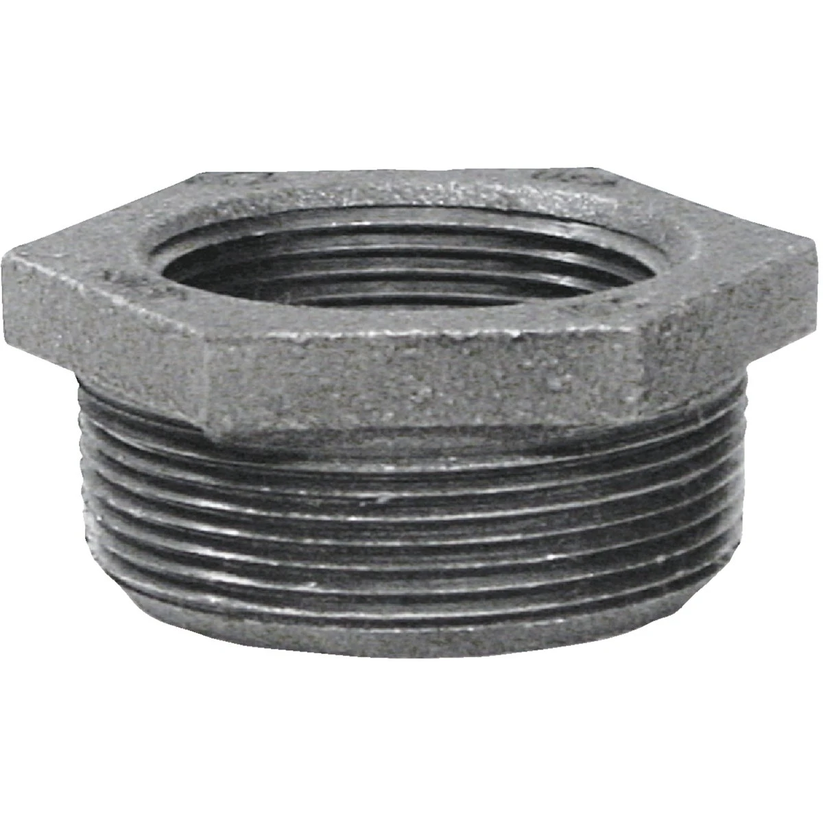 Black Steel Pipe Hexagonal Reducing Bushing, 1 and 1/2 Inch by 1 Inch