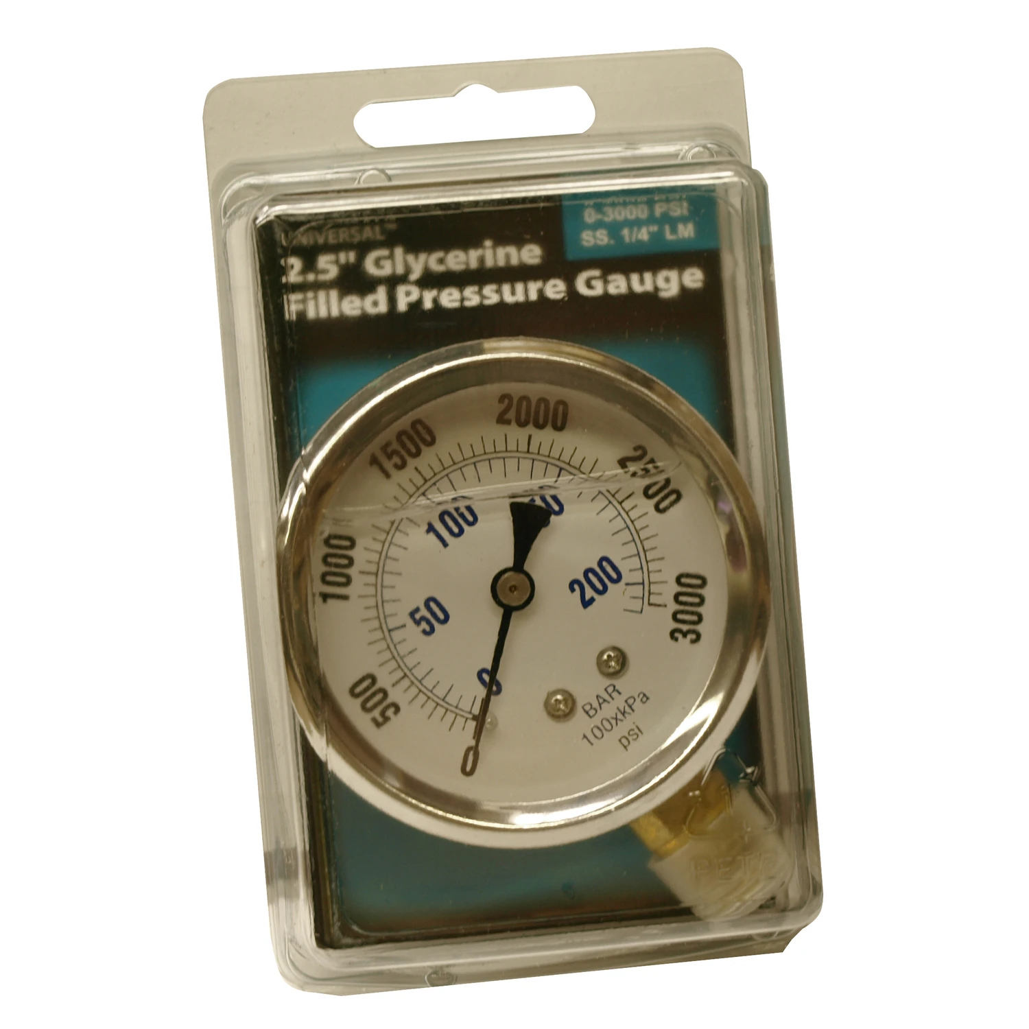 Glycerin Pressure Gauge 3000 Psi, 2.5 Inch, Brass Lower Mount