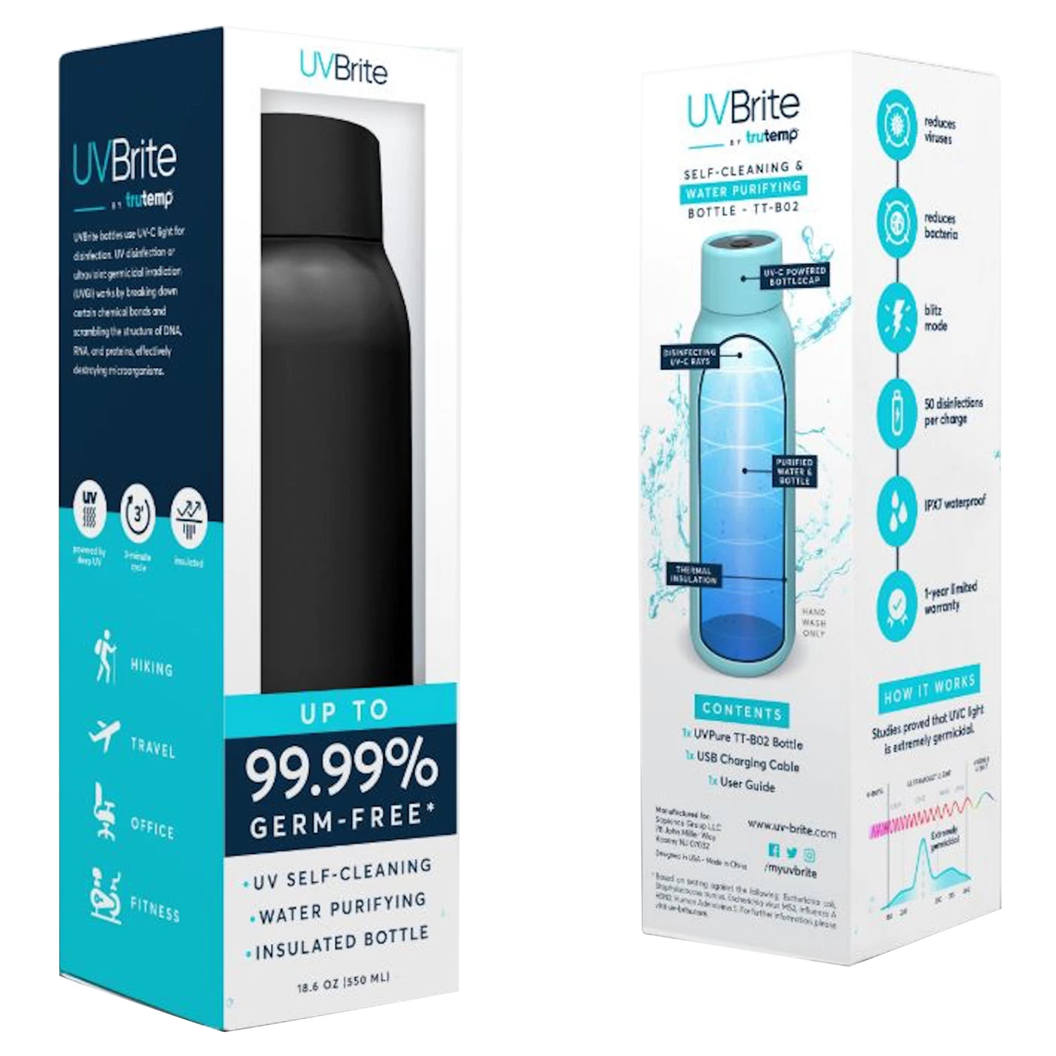 Uvbrite 18.6 Oz Black Bpa Free Self-cleaning Water Bottle With Uv-c Technology