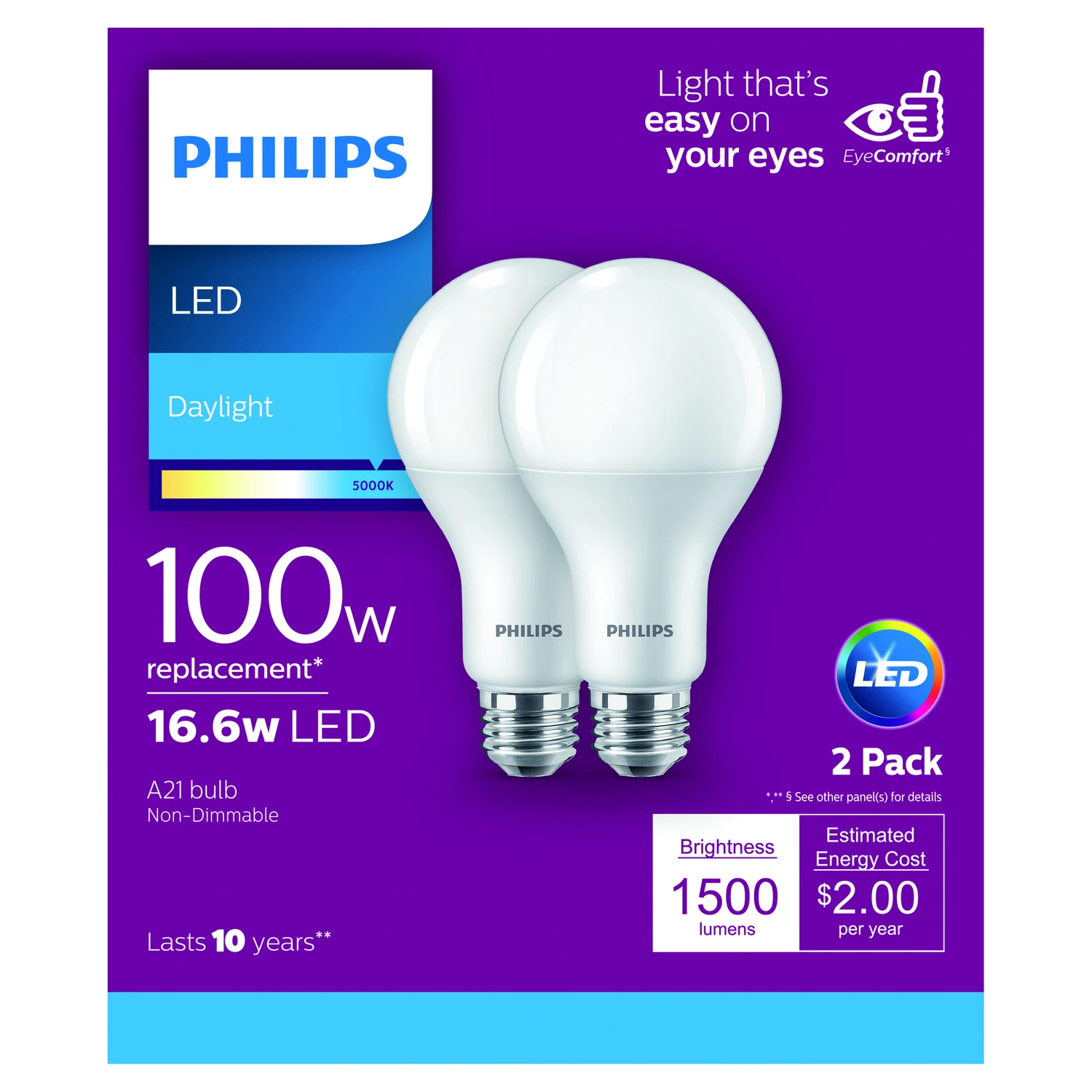 Philips 100W Equivalent Daylight A19 Medium LED Light Bulb (2-Pack)