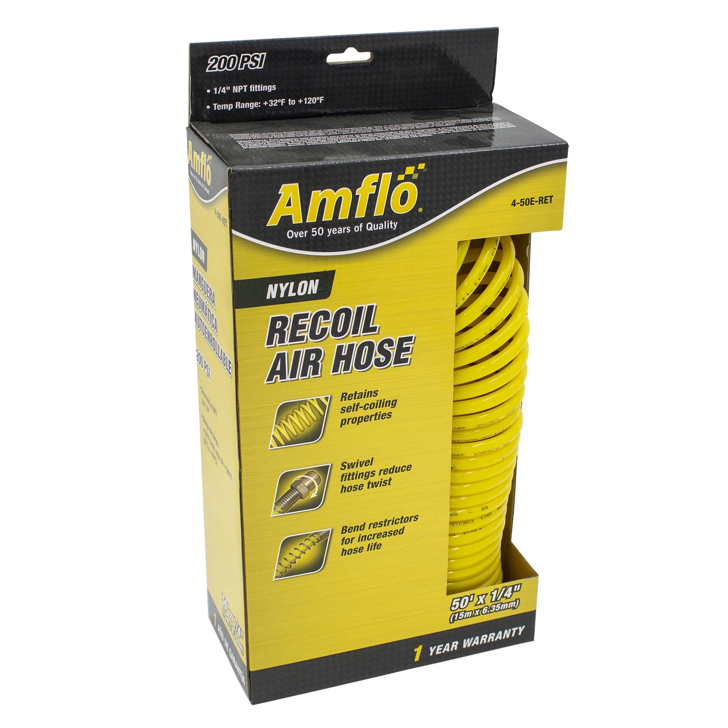 50 Ft. L X 1/4 In. D Nylon Recoil Air Hose 200 Psi Yellow