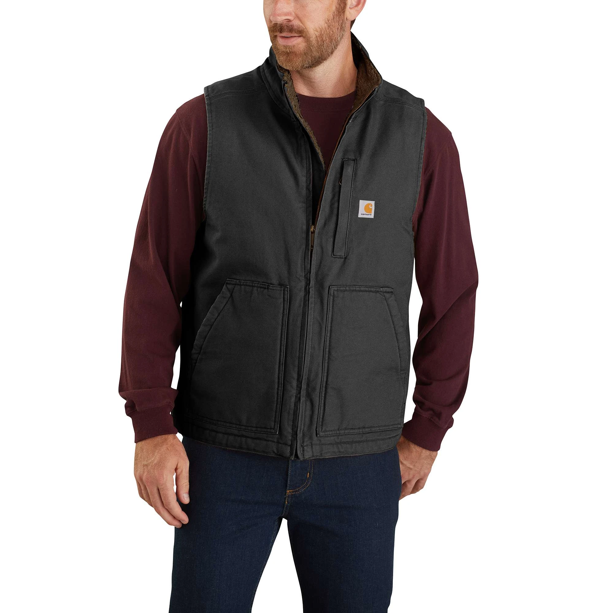 Men's Loose Fit Washed Duck Sherpa-lined Mock-neck Vest - Black - Small