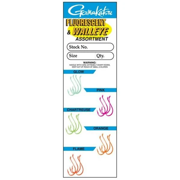 Gamakatsu 2708 Walleye Fluorescent Assorted Fishing Fish Hooks Size 4 20 Pack