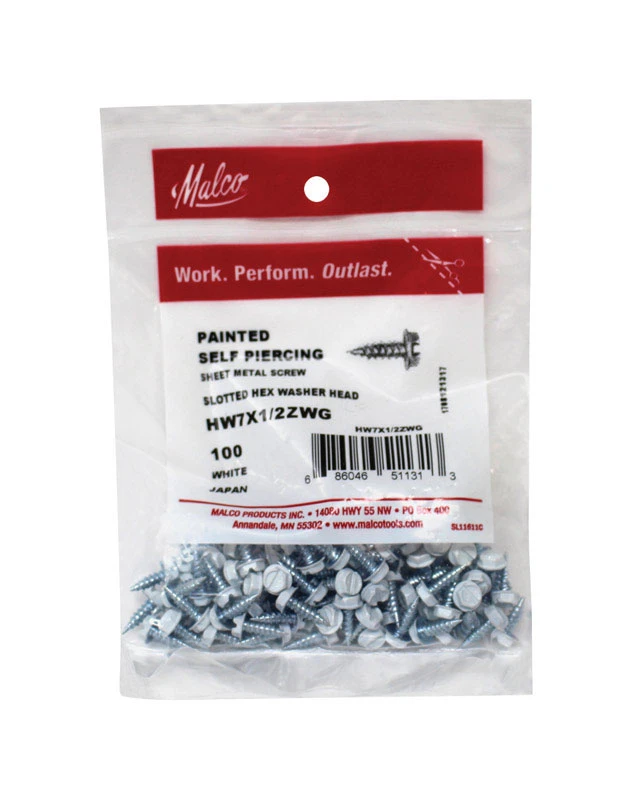 Malco No 7 x 1/2 in. L Hex Slotted Head Zinc-Plated Metal Sheet Metal Screws 100 per box