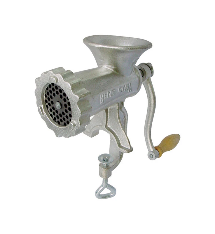 Gray Manual Meat Grinder #8 With Wooden Handle And Built-in Clamp